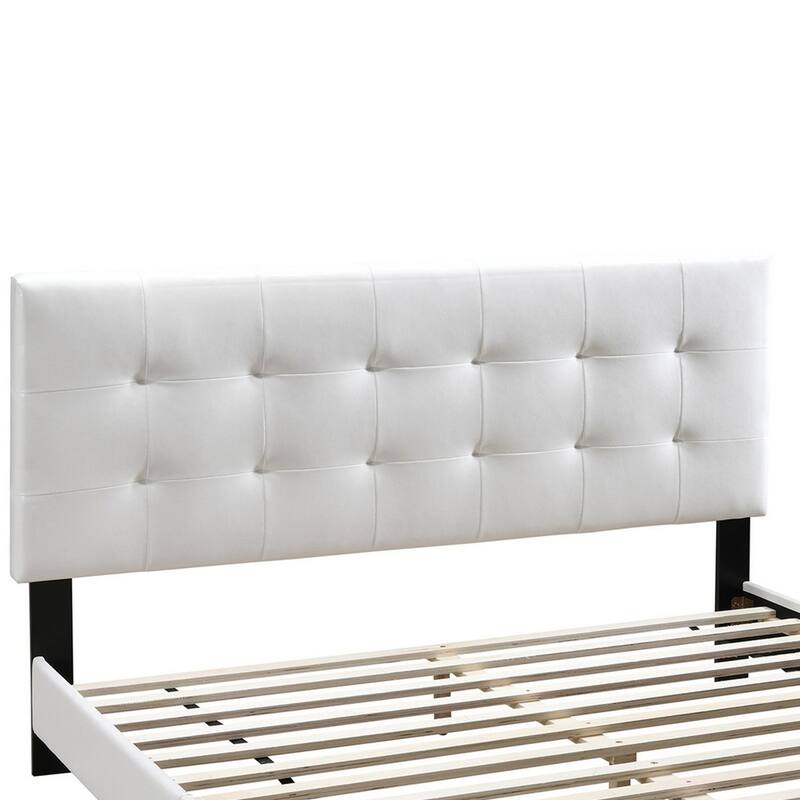 Full Leatherette Bed with Checkered Tufted Headboard, White