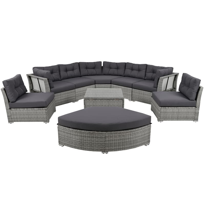 Outdoor Patio Rattan Sectional Set w/ Cushions & Table, Daybed Seating
