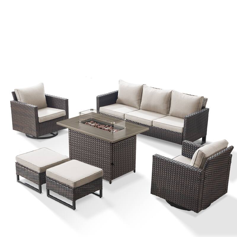 Outdoor Sofa 2 Swivel Chairs Ottomans and Fire Pit Table