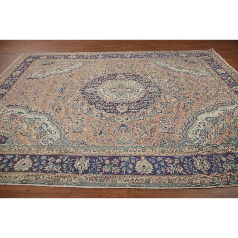 Hand Knotted Oriental 100% Wool Carpet Traditional Floral Pink Tabriz Area Rug - 11' 3'' X 8' 3''