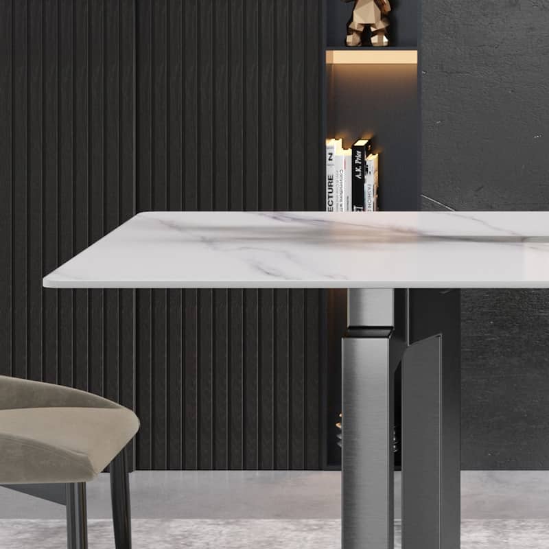 63"Modern artificial stone white straight edge metal leg dining table -6 people