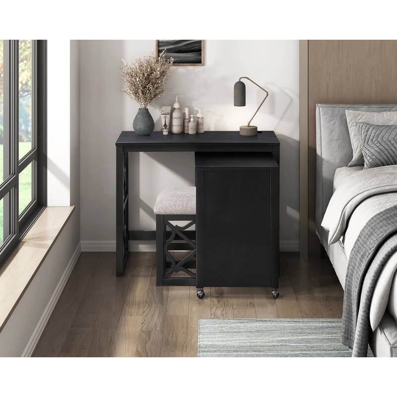 Desks and Stool Set 3pc Black Finish Rolling Desk with Casters, 2 Charging ports Home Office Furniture