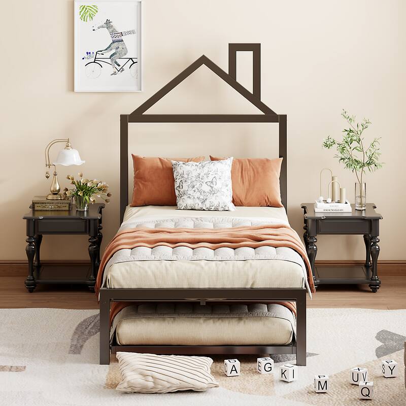 Metal Platform Bed with Twin Size Trundle,House-Shaped Headboard - Black - Twin