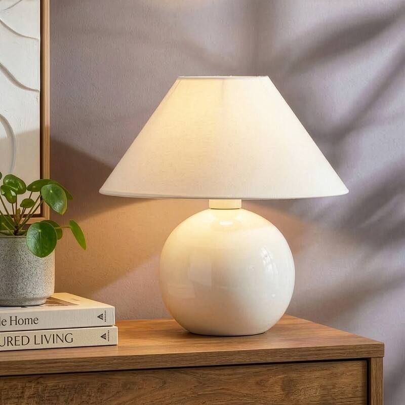 Brightech Fiona LED Off-White Cream Ceramic Midcentury Round Globe Bedside Nightstand Desk Lamp with Cream Cotton Empire Shade
