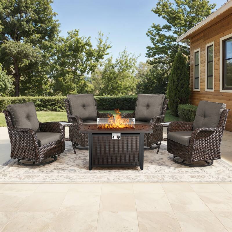 Gymojoy 7-Piece Outdoor Wicker Set with 4 Swivel Rockers & 55,000 BTU Fire Pit Table for Patio - Brown Wicker / Grey Cusion - 7-Piece