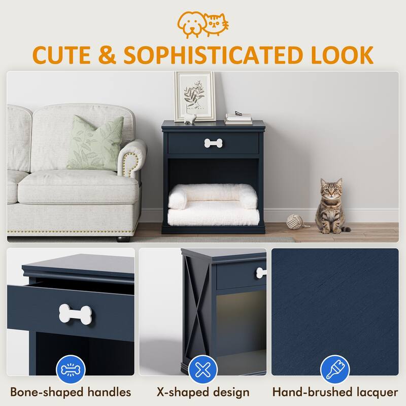 Vintage Small Storage Cabinet with Led Light and Pet Bed, Hidden Cat Litter Box with Drawer and Semi-Open Space