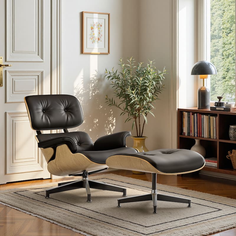 Furgle Genuine Leather Accent Lounge Chair and Ottoman Walnut Wood