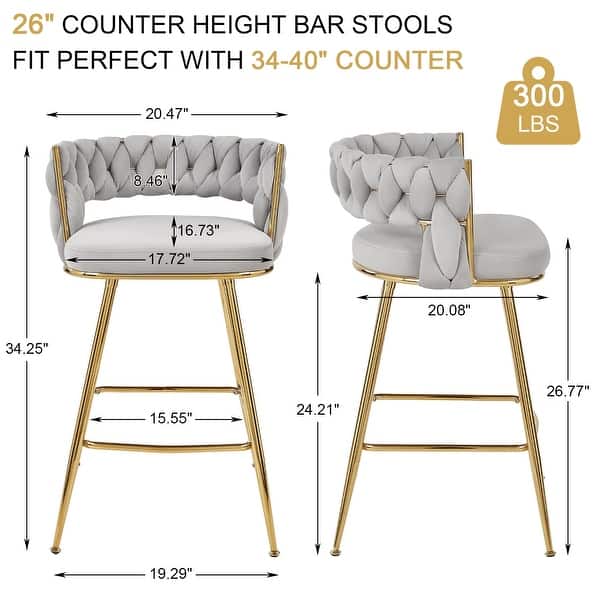 dimension image slide 4 of 5, Javlergo Set of 2/4/6 Counter Height Bar Stools 26.77" Upholstered Woven Back Bar Chairs with Armrests and Footrest