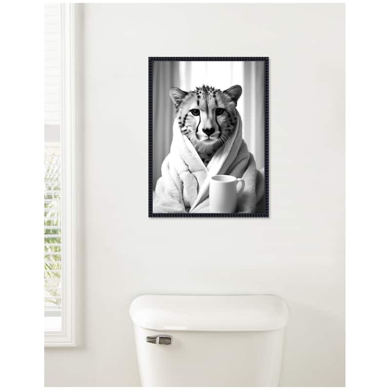 Kate and Laurel Sylvie Cheetah Bathroom Art Towel Robe Black and White Framed Canvas by The Creative Bunch Studio