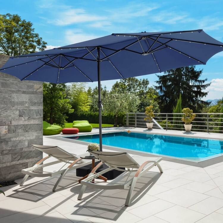 15FT Double Sided Patio Umbrella with LED Lights and Hand Crank Canopy - Navy