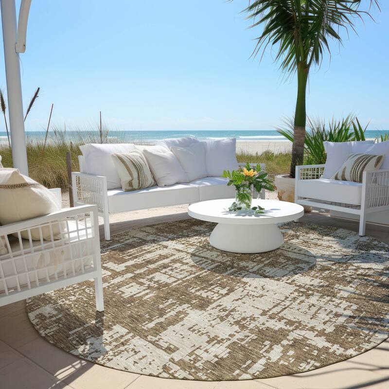 Machine Washable Indoor/ Outdoor Chantille Abstract Solid Rug - Brown - 8' x 8'