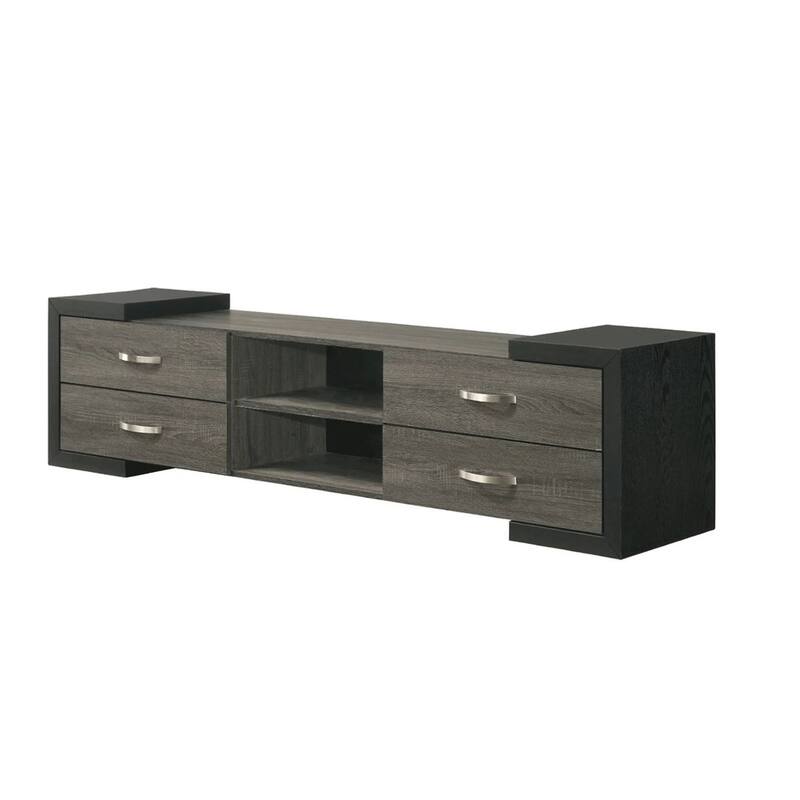 Teny TV Stand Media Cabinet, 70 Inch, 4 Drawers, Black Edge, Gray Wood