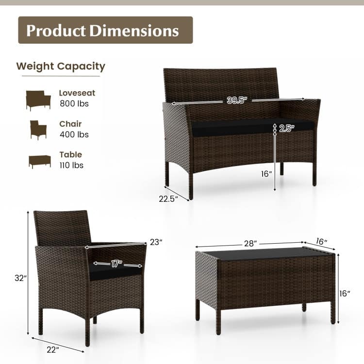 4 Piece Outdoor Rattan Patio Set with Cushions and Glass Table - 39.5" x 22.5" x 32"