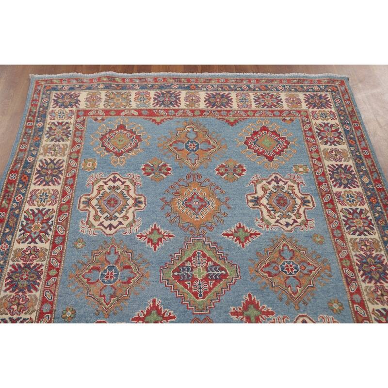 Light Blue Kazak Area Rug Hand-Knotted Bedroom Wool Carpet - 4'10" x 6'7"