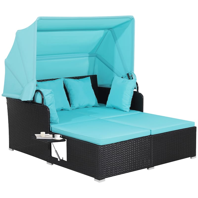 Costway Patio Rattan Daybed Lounge Retractable Top Canopy Side Tables - See Details