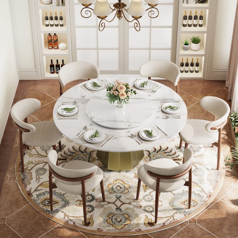Modern 59" Round Dining Table with Lazy Susan for 6-8, White Glossy Sintered Stone Table top, Gold Stainless Steel Base - With LazySusan