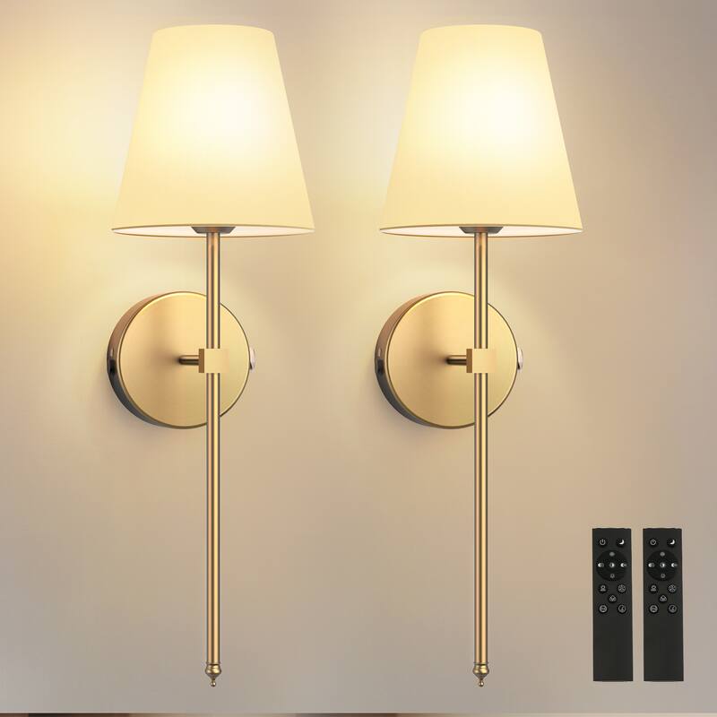 YANSUN Indoor Rechargeable Wall Light,With White Fabric Shade Infrared Remote Control, Set of 2, Matte Gold - 12*8*7