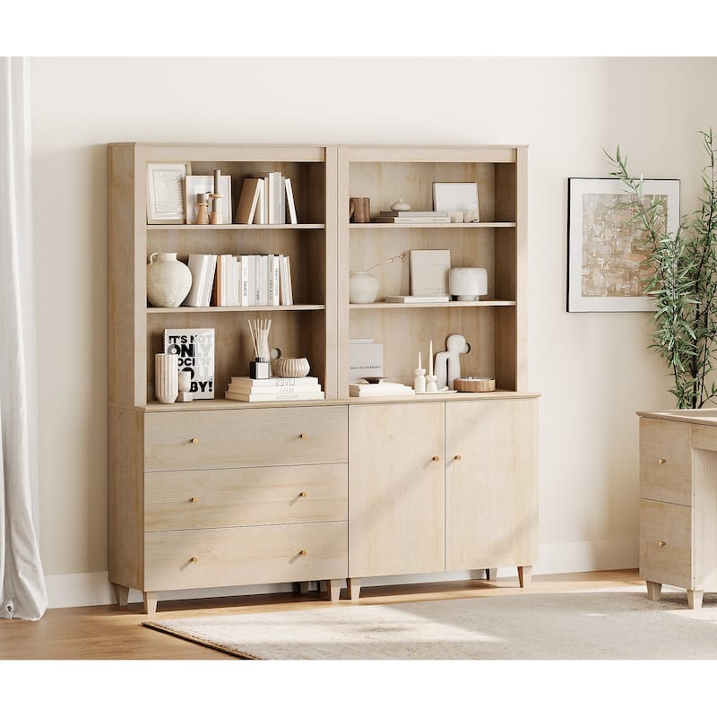 WAMPAT 71" Tall Bookshelf Set of 2, 5-Tier Modern Bookcases with 1 Cabinet and 3 Drawers for Living Room