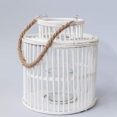 White Wash Wood With Rope Handle Lantern