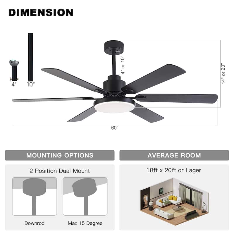 60-in Modern 6-Blade Dimmable LED Ceiling Fan with Light and Remote