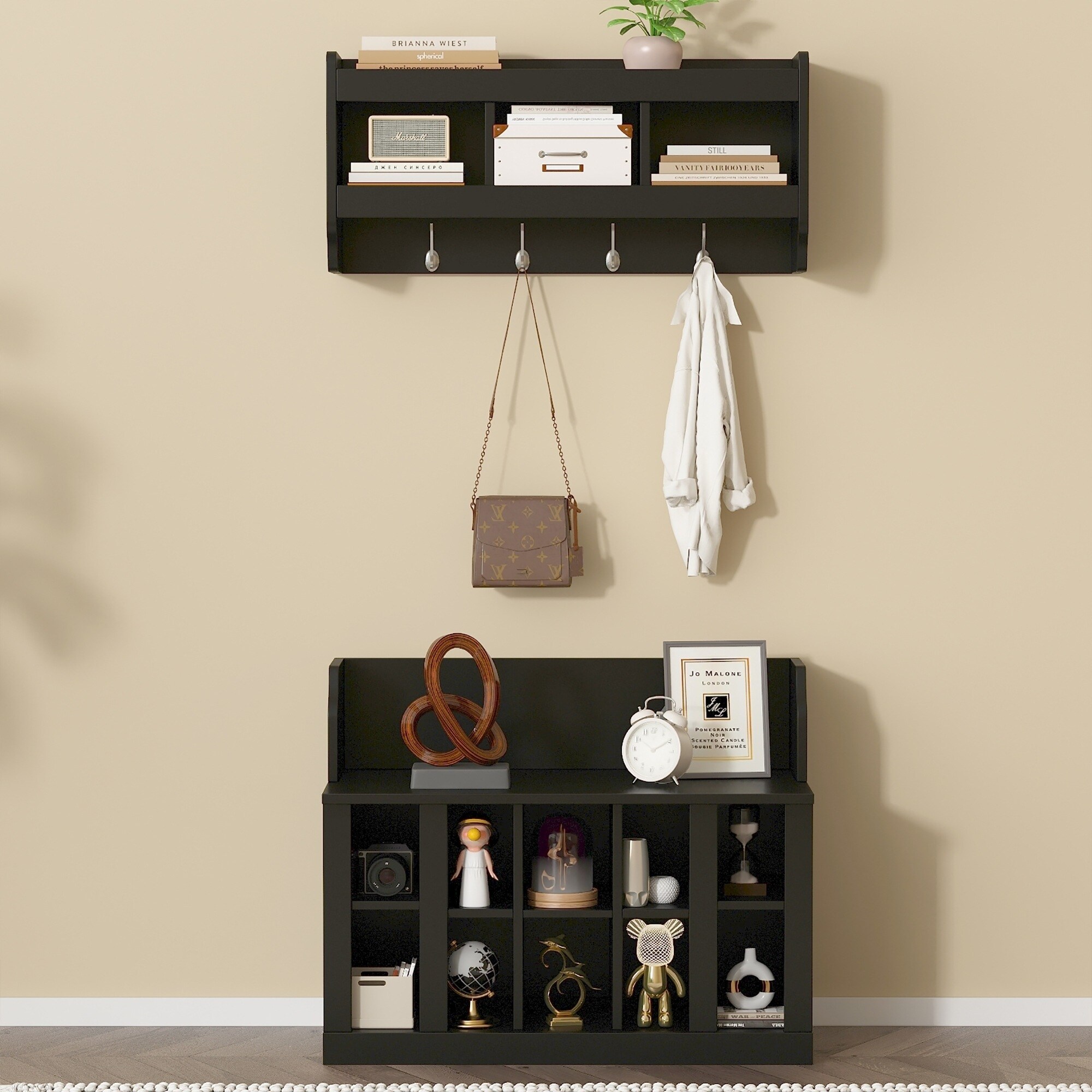 Shoe Storage Bench with Shelves and 4 Hooks, Elegant Hall Tree Organizer for Entryway