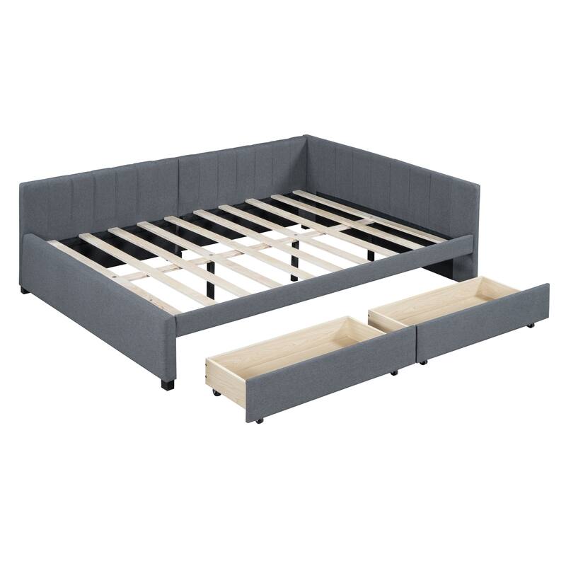 Full Size Upholstered Daybed with 2 Storage Drawers Sofa Bed Frame No Box Spring Needed, Linen Fabric (Beige) - N/A