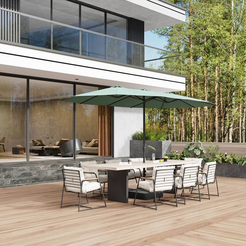 15ft x 9ft Double Patio Umbrella with Base and Sandbags, Extra Large Twin Outdoor Market Umbrella with Auto Tilt, 180g Polyester