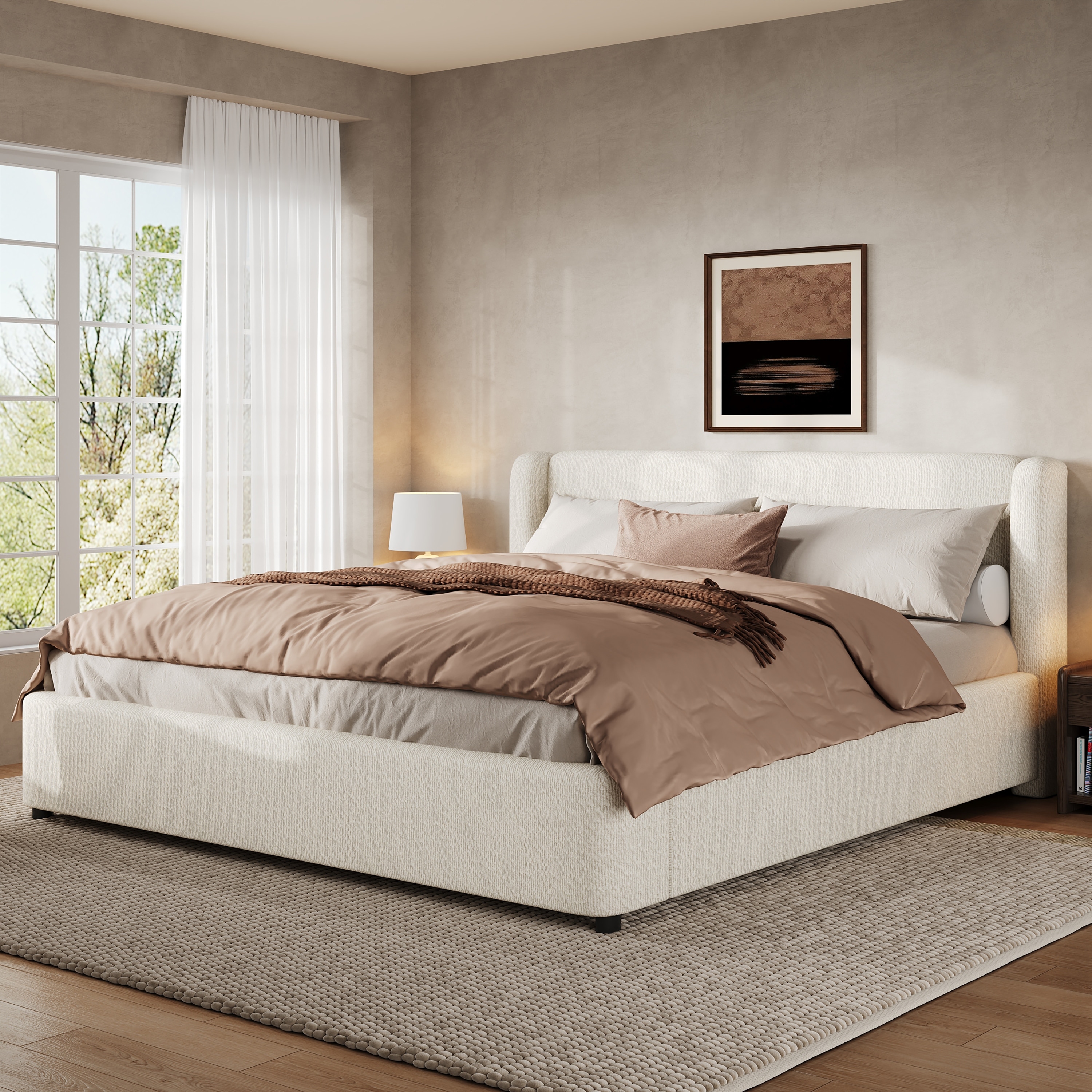 Christopher Knight Home - Modern Wooden Upholstered Boucle Frame Platform Bed with Thick Wingback Headboard