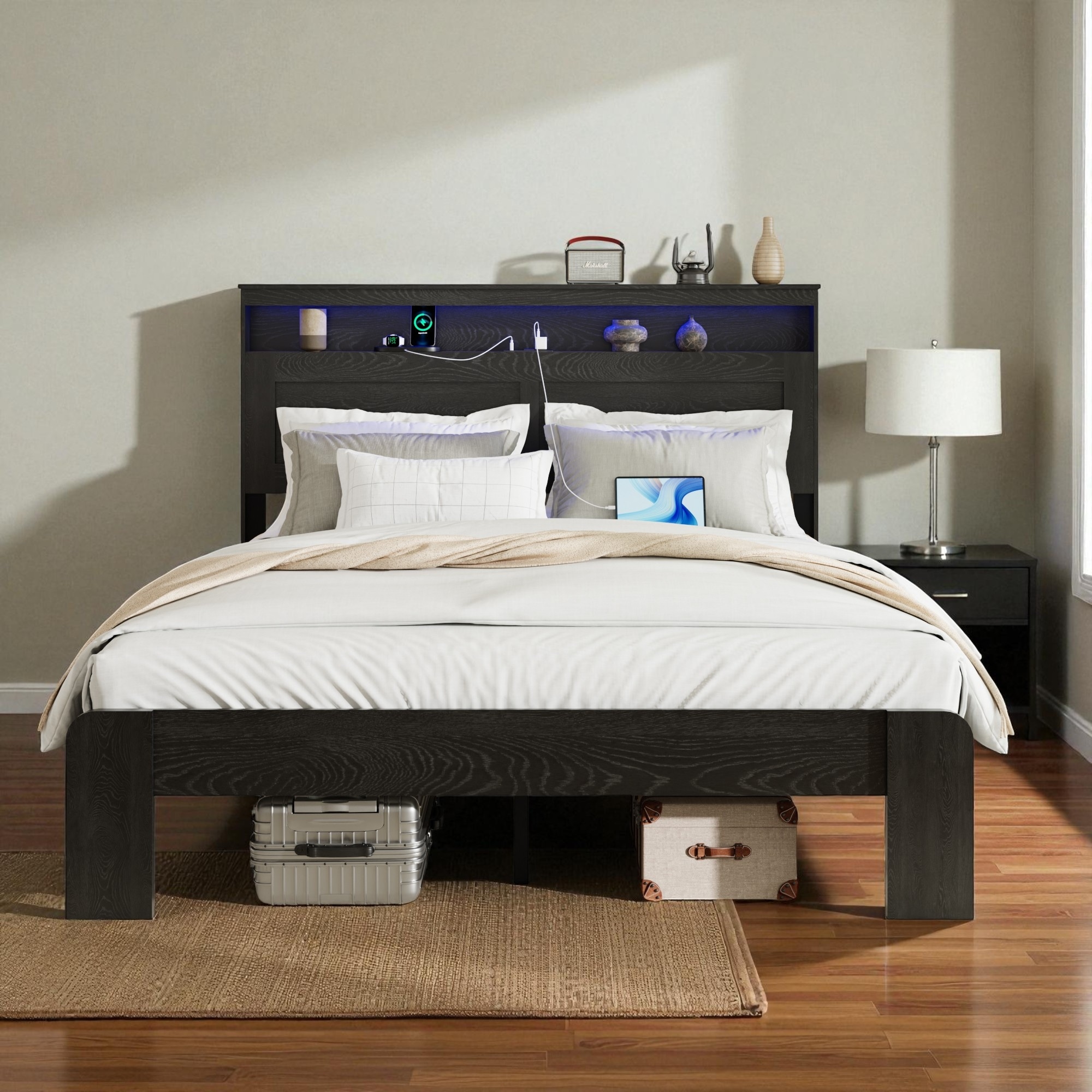 King Size Platform Bed Frame with LED Headboard, Charging Ports, Wood Slats, Under-Bed Storage, No Box Spring Needed