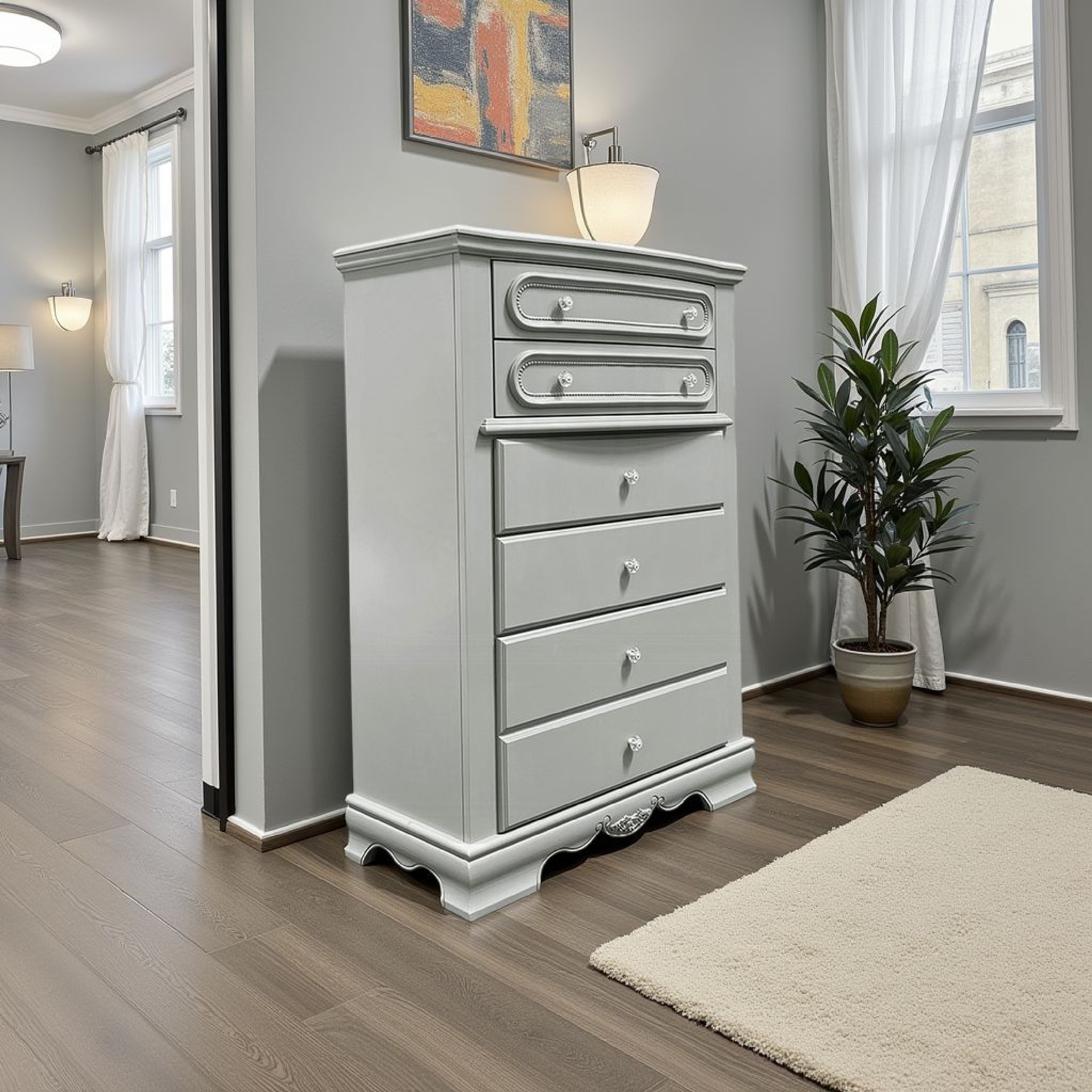 kids grey dresser Auri Tall Chest with 6 Drawers, Scalloped Base, Gray 2/24