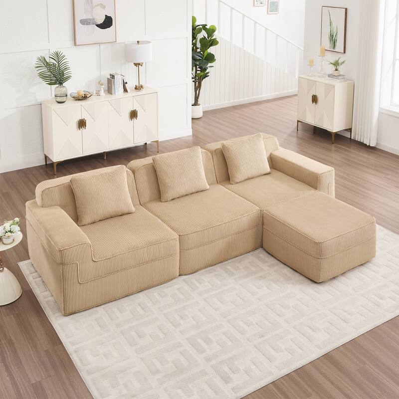 GDFStudio - Corduroy Modular 3-Seater 117.3" L-Shaped Boneless Cloud Sofa - Camel