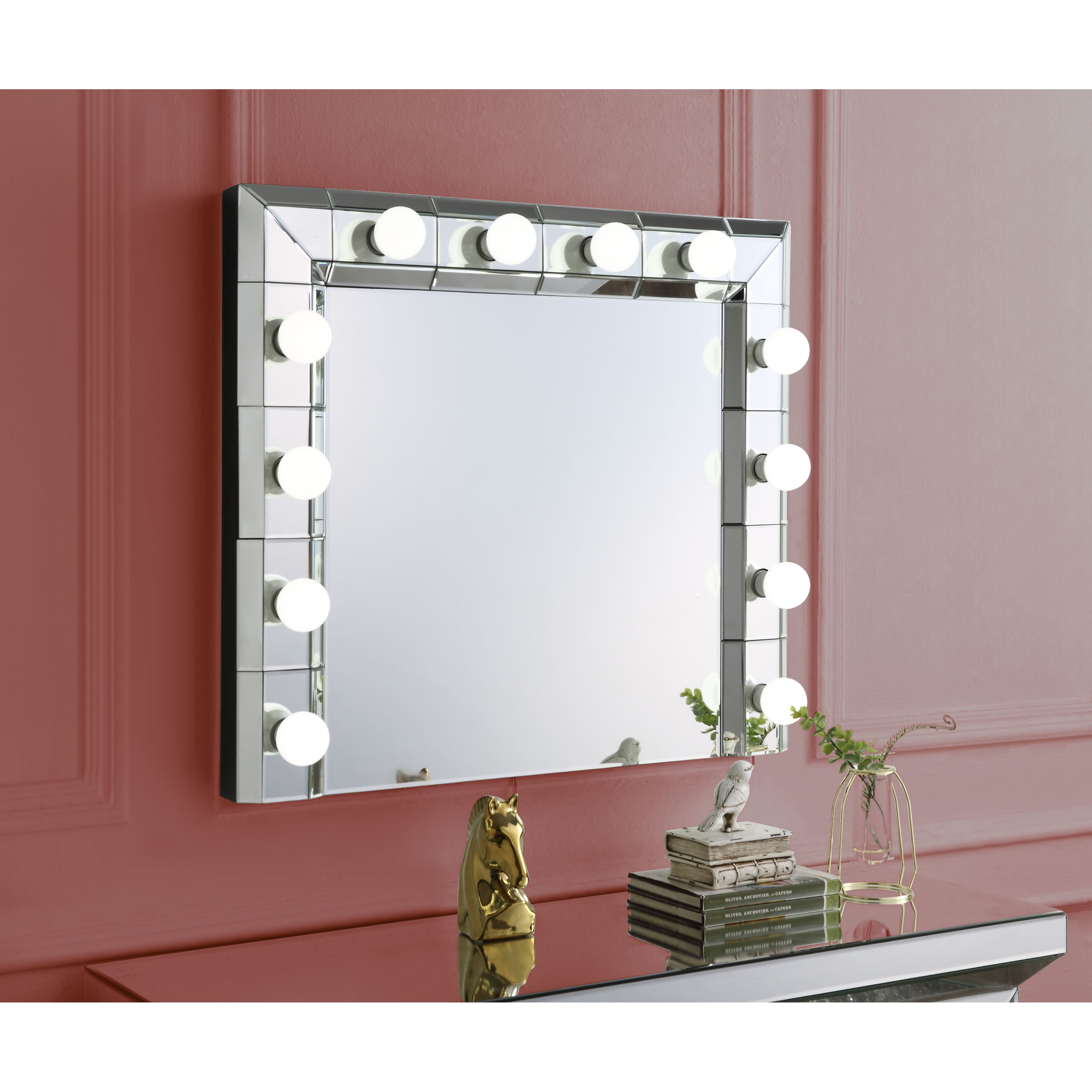 Silver Glam Hollywood Mirror with Lights, 21 Inch Square E27 Bulb Base Assembled