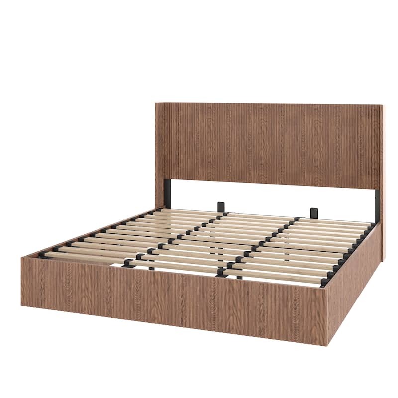 Large Grooved Undulating Lift Storage Bed Frame, Wooden Platform Bed Frame With Lift Storage, No Spring Box Required (King)