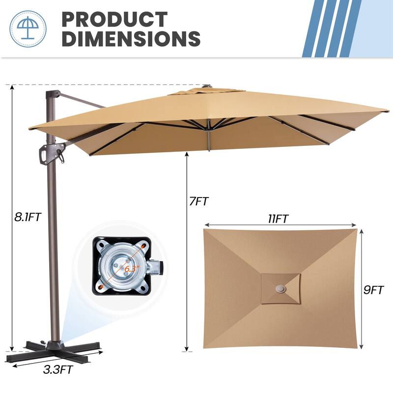 11 x 9 FT Outdoor Patio Cantilever Offset Rectangle Umbrella