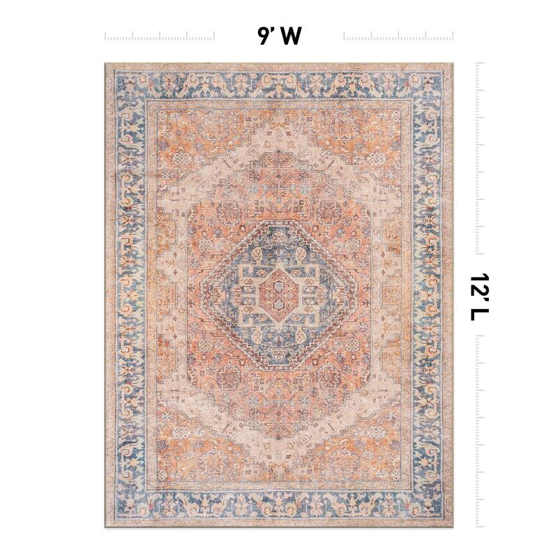 Beige Medallion Flat Pile Washable Rug - Pet Friendly, Non-Slip for Entryway and Bedroom