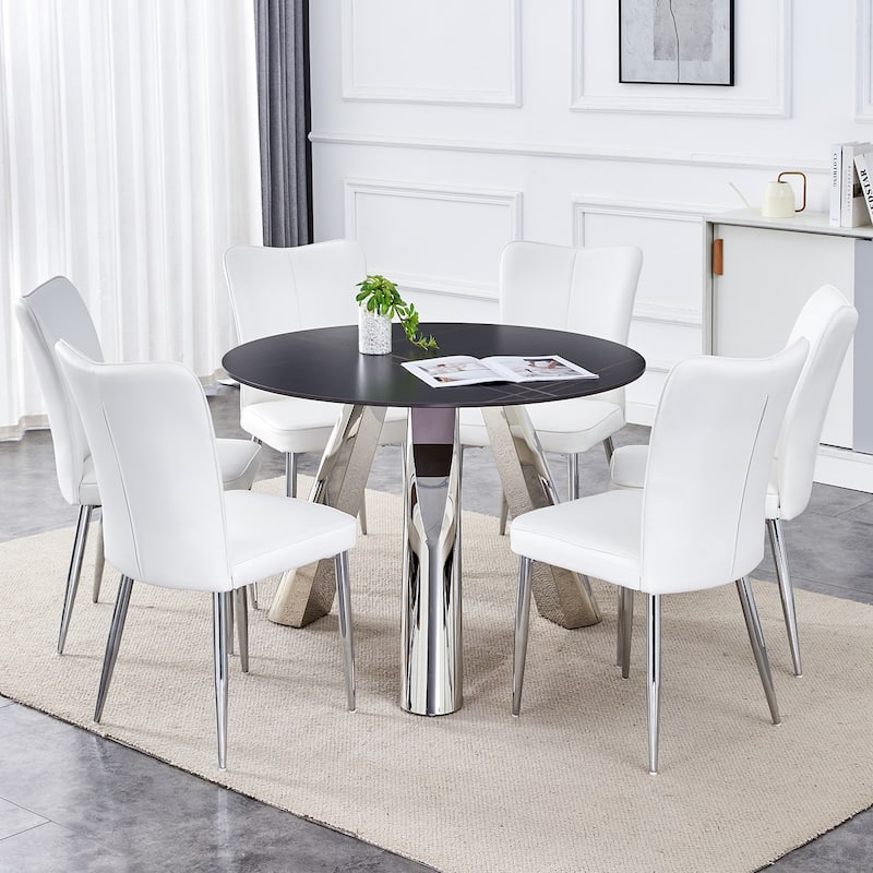 5-Piece Round Dining Table Set with Stain-Resistant Surface, PU Chairs, Military-Grade Steel Legs,Scratch-resistant - Black White