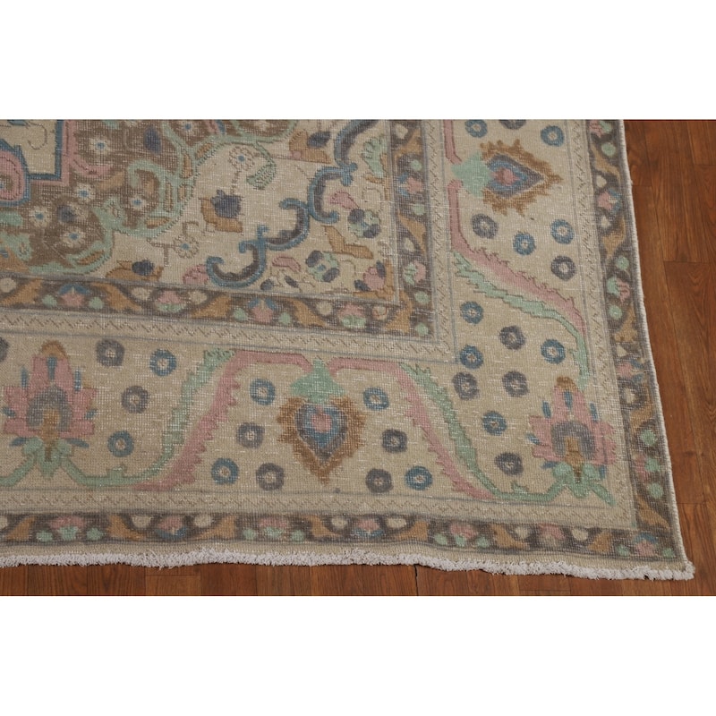 Hand Knotted Oriental 100% Wool Carpet Traditional Floral Beige & Ivories Tabriz Area Rug - 12' 9'' X 9' 7''