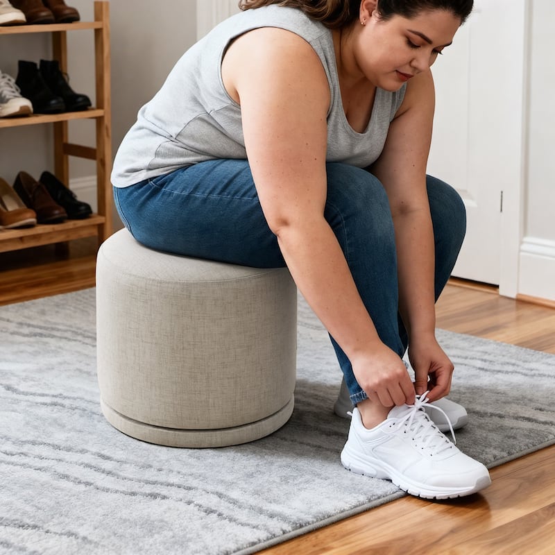 Fully Assembled Linen Round Swivel Ottoman Footstool with Acacia Hardwood Frame