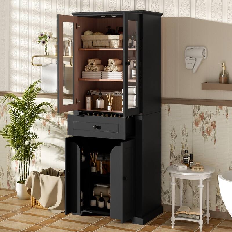 Bathroom Cabinet with Tempered Glass Doors, Adjustable Shelves & Drawer , Soft-Close