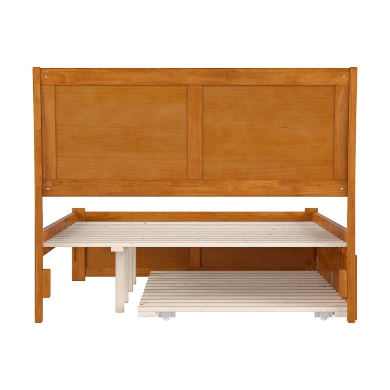 Solid Wood Platform Bed with Footboard & Trundle - Twin Size Bed Frame, Light Toffee Finish