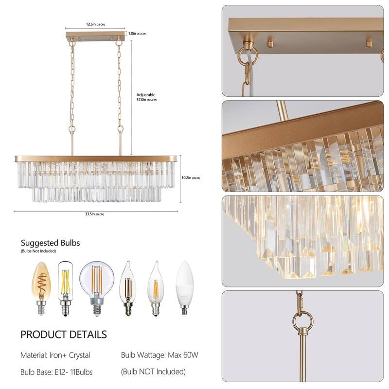 Adjustable Rectangular Crystal Chandelier - E12 Modern Industrial Farmhouse Ceiling Light with Iron Frame (Bulbs Not Included)