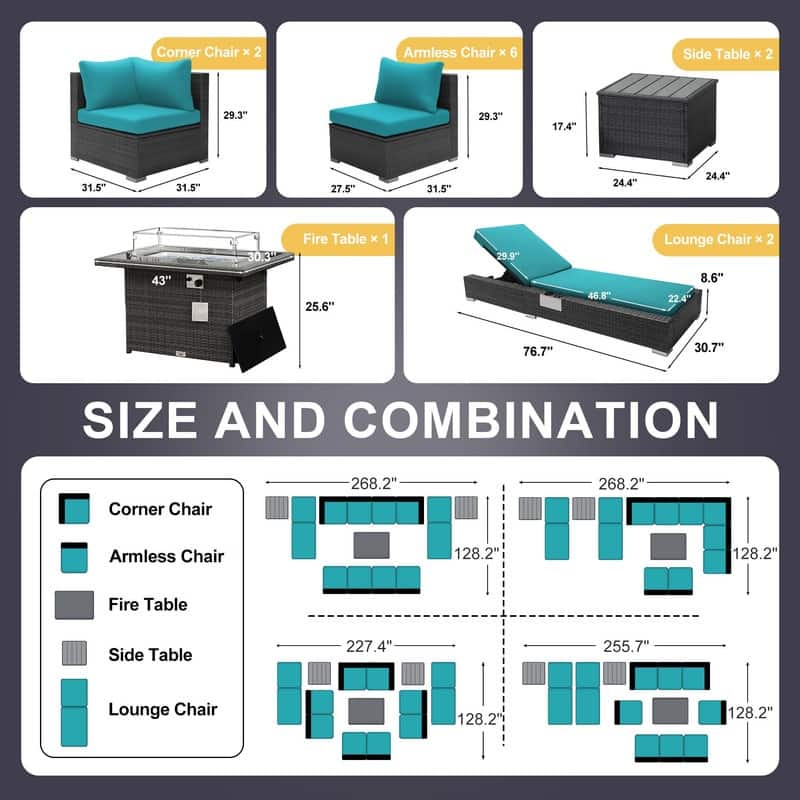 FINCATI 13 Pcs Patio Outdoor Wicker Furniture Sectional Sofa Set with Lounge Chair