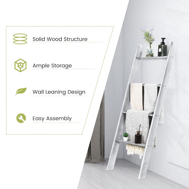 54” Leaning Wooden Blanket Ladder Rack for Storage Decorative Towel Shelf for Bedroom and Bathroom - 20" x 3" x 54" (L x W x H)