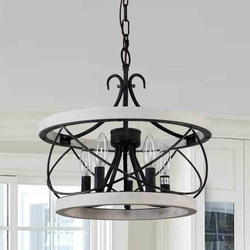 5-Light Weather White Wood Caged Pendant Light with Adjustable Chain Farmhouse Chandelier - N/A
