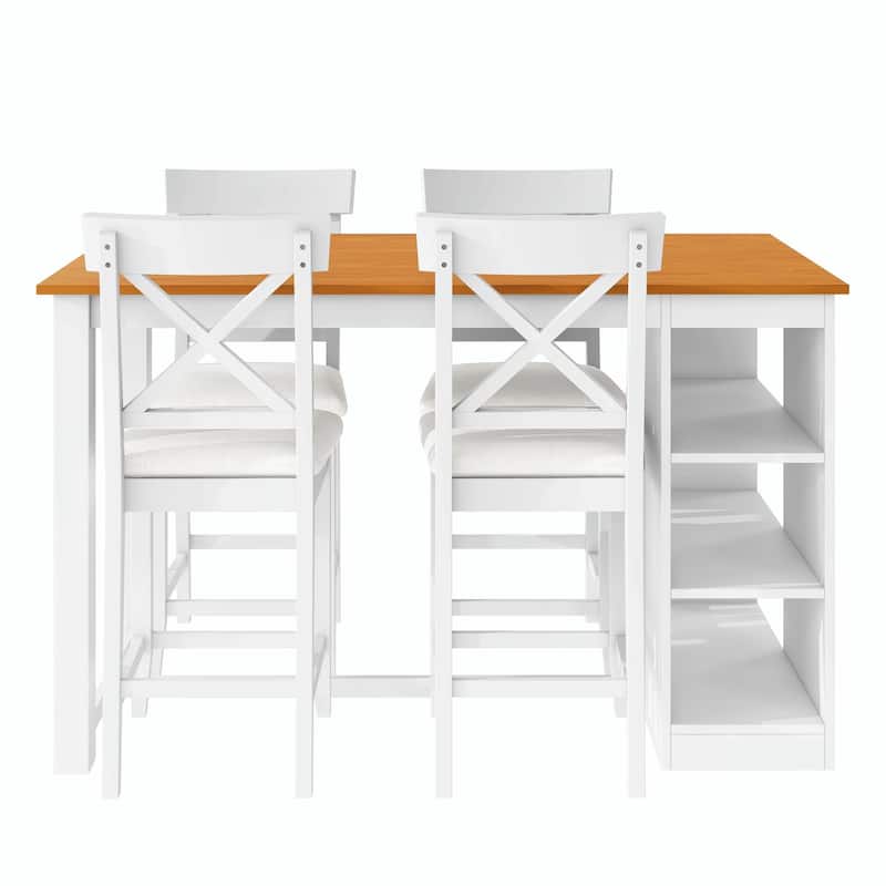 60"L x 30"W Solid Wood Farmhouse Counter Height Dining Table Set with 3-Tier Storage Shelves