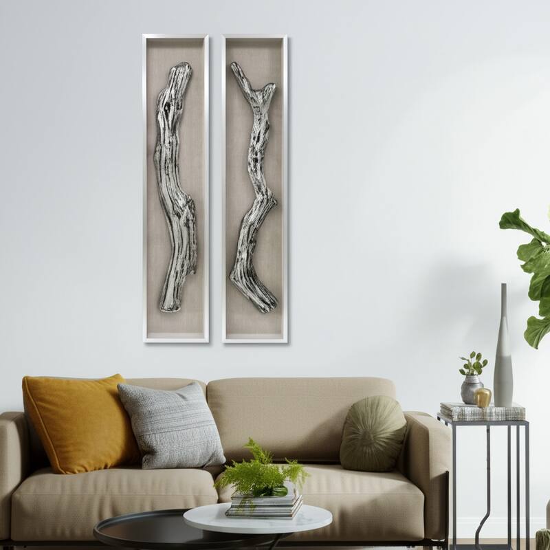 Glass Wall Sculpture Branch-Inspried 3D Relief (Set of 2) - 70" Ivory - 15" x 3" x 70" - Ivory/ Tan - 15" x 3" x 70"