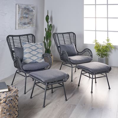 Chalet Outdoor Modern Boho Wicker Chat Set with Ottomans by Christopher Knight Home