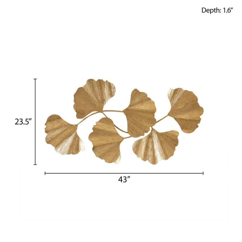 Roomfitters 43-Inch Gold Foil Metal Ginkgo Leaf Wall Decor, 3D Sculptural Transitional Botanical Art for Living Room