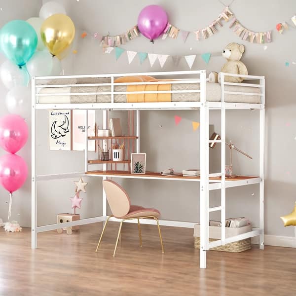 slide 2 of 9, Full Size Metal Modern Loft Bed With Desk and Shelve,Solid Construction White