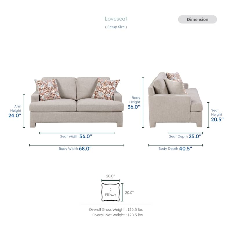 Arlo Chenille 2-Piece Living Room Sofa Sets with Pillows